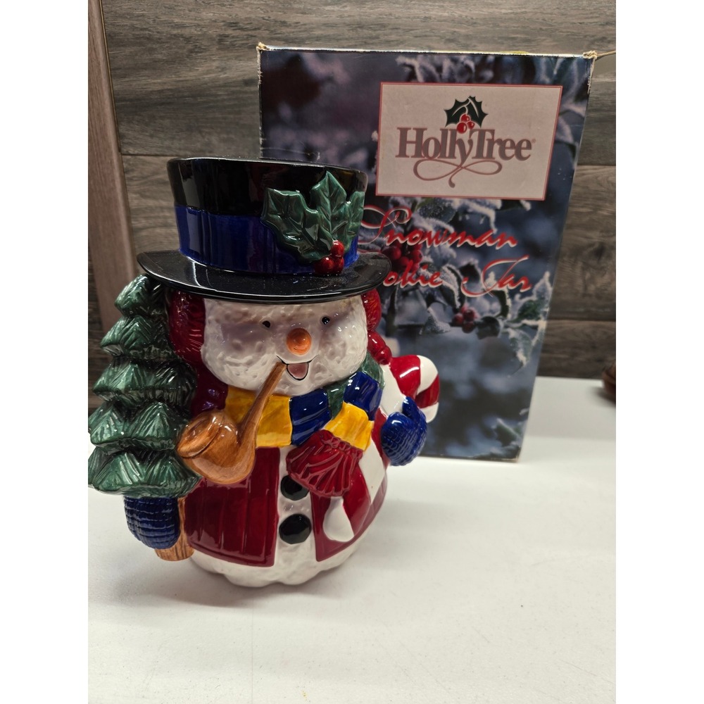 Holly Tree Snowman Cookie Jar Christmas Holiday Ceramic Hand Painted with Box